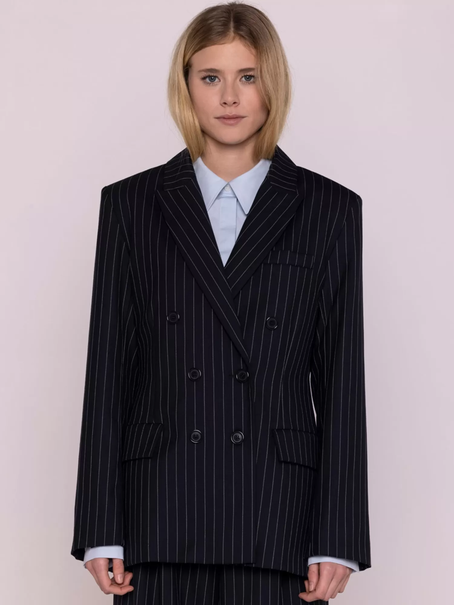 Coats & Jackets*MAISON LENER PINSTRIPE WOOL BLAZER NAVY