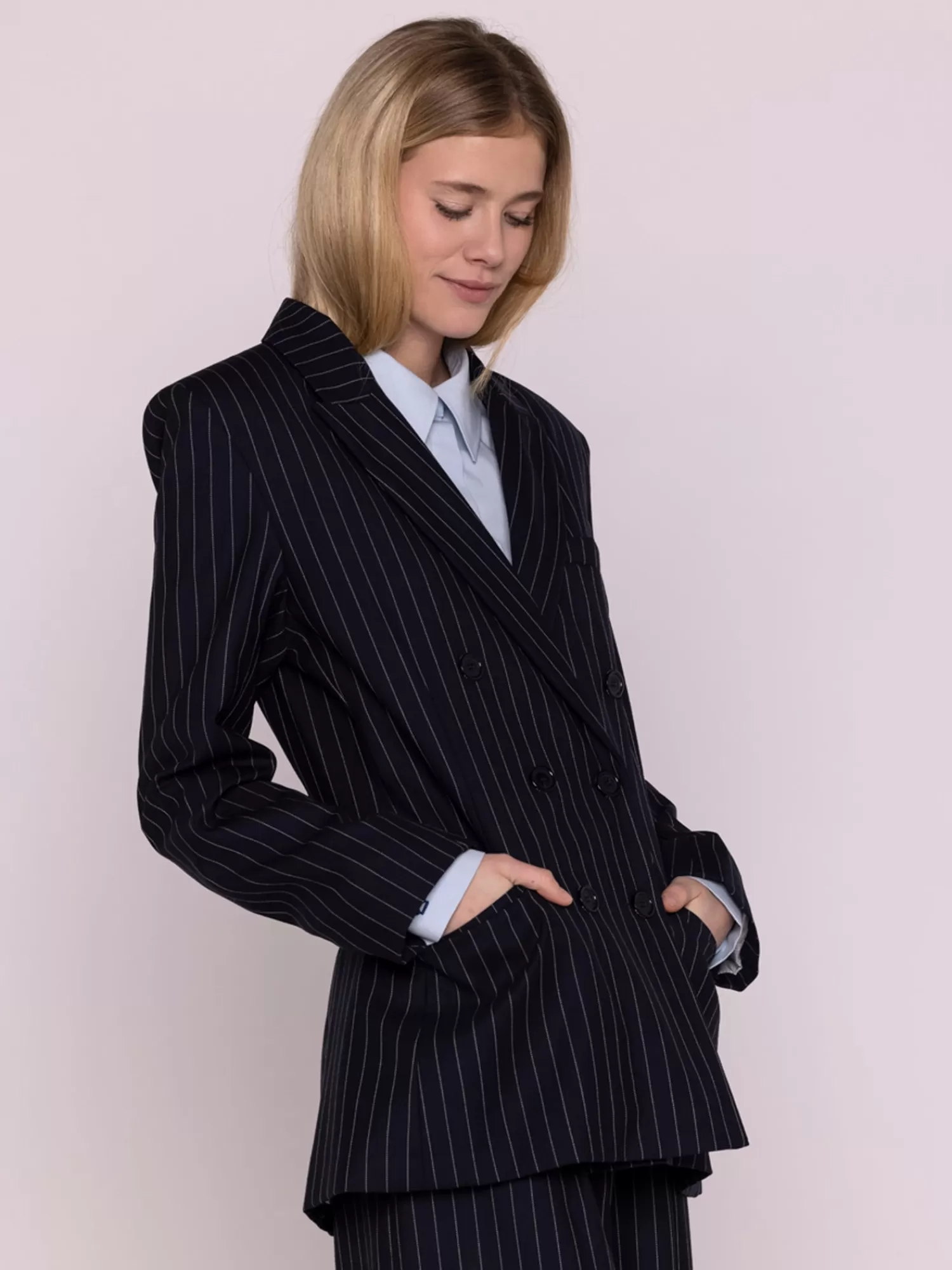 Coats & Jackets*MAISON LENER PINSTRIPE WOOL BLAZER NAVY